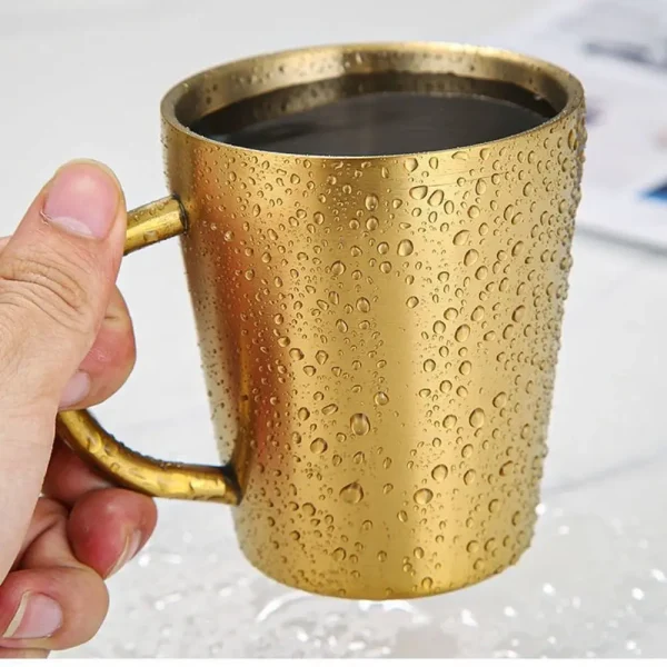 300ml Double-Layer Water Cup Home Dining Drinkware Mugs 304 Stainless Steel Beer Cup Gold Sliver Coffee Mugs With Handle 3