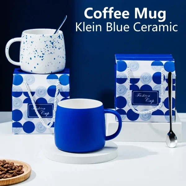 500ml Ceramic Coffee Mug with Spoon Gift Package Klein Blue Splash Ink Porcelain Mug Breakfast Oatmeal Cup Festival Gift 2