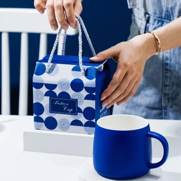 500ml Ceramic Coffee Mug with Spoon Gift Package Klein Blue Splash Ink Porcelain Mug Breakfast Oatmeal Cup Festival Gift 4