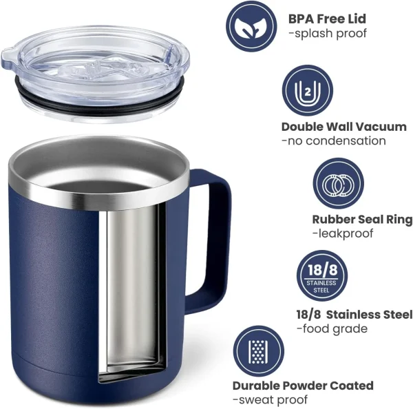 12oz Coffee Mug with Handle Sliding Lid,Stainless Steel Travel Tumbler Cup Double Insulated Camping Cup for Hot & Cold Drink Tea 2