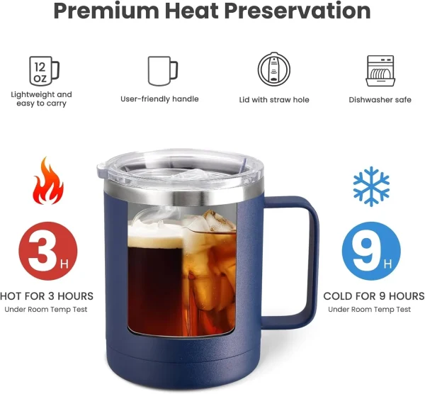 12oz Coffee Mug with Handle Sliding Lid,Stainless Steel Travel Tumbler Cup Double Insulated Camping Cup for Hot & Cold Drink Tea 3