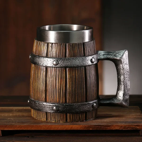 Hot-selling Wooden Barrel Beer mug , Large-capacity  Coffee mug Water bottle ,Tazas de café with stainless steel 1