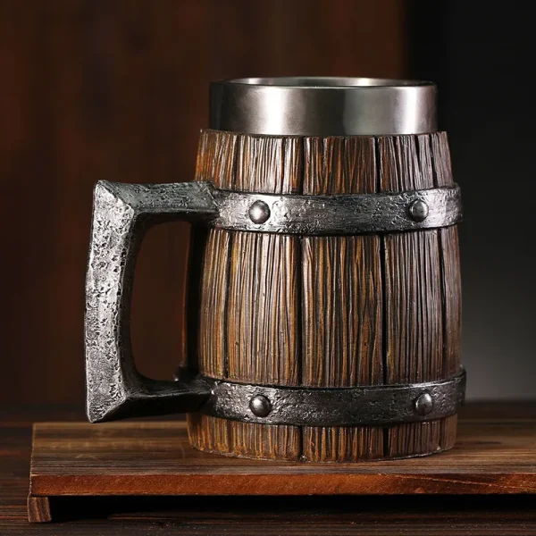 Hot-selling Wooden Barrel Beer mug , Large-capacity  Coffee mug Water bottle ,Tazas de café with stainless steel 2
