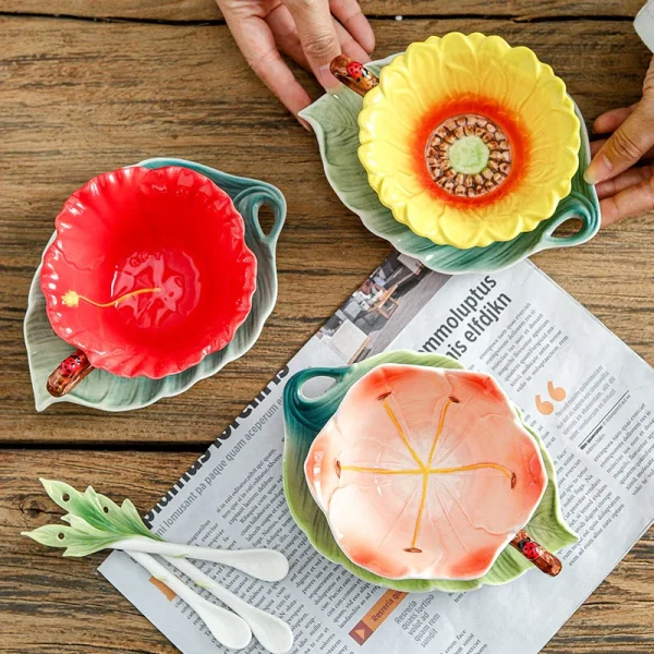 180ML Sun Flower Mug European Couple Afternoon Tea Coffee Cup Saucer Set Home Office Ceramic Tea Cup Drinking Set Wedding Gift 3