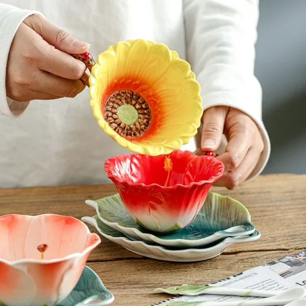 180ML Sun Flower Mug European Couple Afternoon Tea Coffee Cup Saucer Set Home Office Ceramic Tea Cup Drinking Set Wedding Gift 4