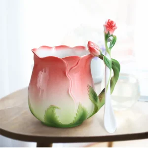 European Style Enamel Ceramic Coffee Mug Creative 3D Rose Flower Shape Lreative 4 Colors Household Breakfast Milk Cup with Spoon 1