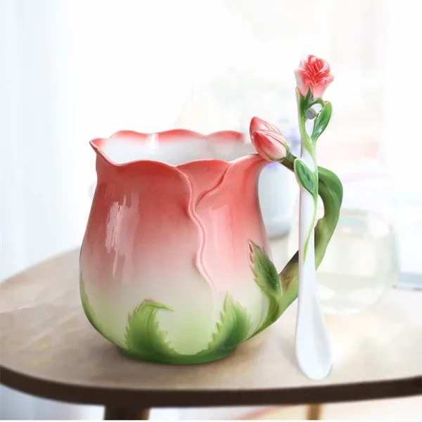 European Style Enamel Ceramic Coffee Mug Creative 3D Rose Flower Shape Lreative 4 Colors Household Breakfast Milk Cup with Spoon 1