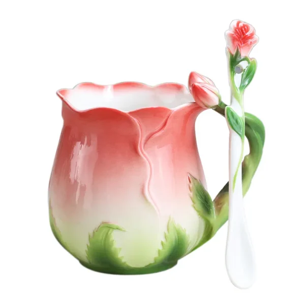 European Style Enamel Ceramic Coffee Mug Creative 3D Rose Flower Shape Lreative 4 Colors Household Breakfast Milk Cup with Spoon 2