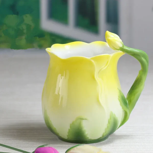 European Style Enamel Ceramic Coffee Mug Creative 3D Rose Flower Shape Lreative 4 Colors Household Breakfast Milk Cup with Spoon 3