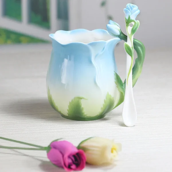 European Style Enamel Ceramic Coffee Mug Creative 3D Rose Flower Shape Lreative 4 Colors Household Breakfast Milk Cup with Spoon 5
