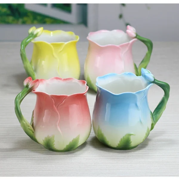 European Style Enamel Ceramic Coffee Mug Creative 3D Rose Flower Shape Lreative 4 Colors Household Breakfast Milk Cup with Spoon 6