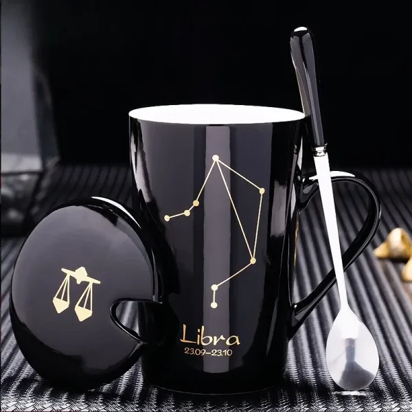 Twelve Zodiac Ceramic Mug with Lid Spoon, 450ML Gift Box Tea Cup Set Breakfast Milk Coffee Mug, Couple Water Cups Birthday Gift 1
