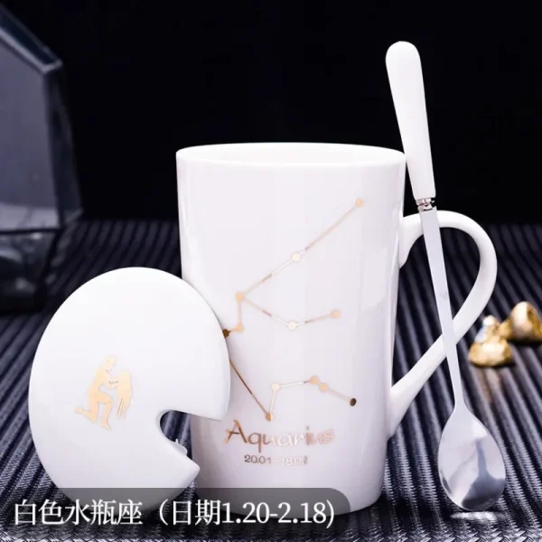 Twelve Zodiac Ceramic Mug with Lid Spoon, 450ML Gift Box Tea Cup Set Breakfast Milk Coffee Mug, Couple Water Cups Birthday Gift 2