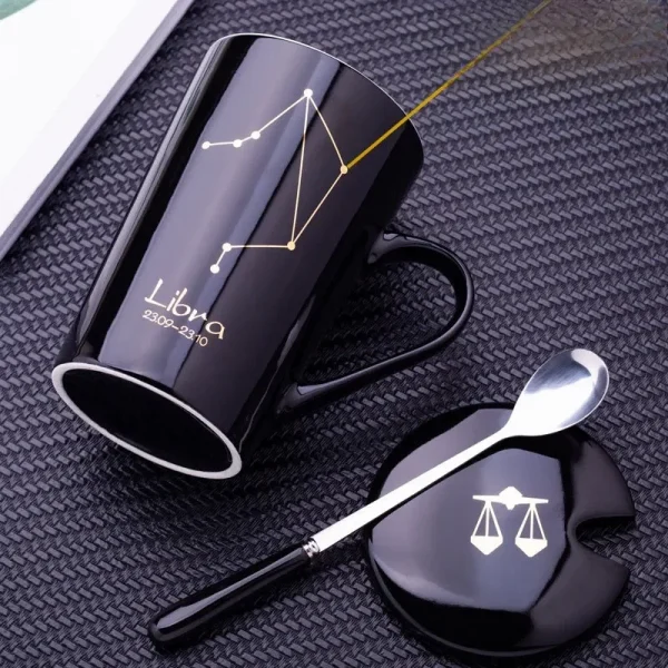 Twelve Zodiac Ceramic Mug with Lid Spoon, 450ML Gift Box Tea Cup Set Breakfast Milk Coffee Mug, Couple Water Cups Birthday Gift 3