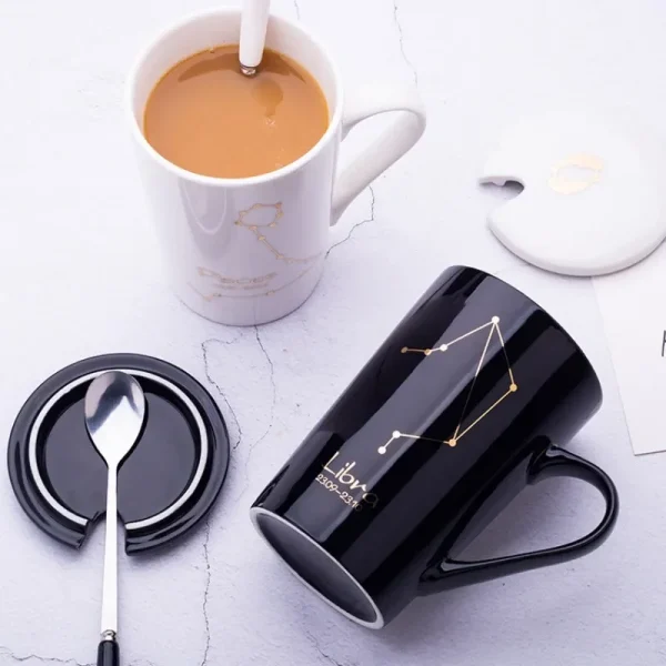 Twelve Zodiac Ceramic Mug with Lid Spoon, 450ML Gift Box Tea Cup Set Breakfast Milk Coffee Mug, Couple Water Cups Birthday Gift 5