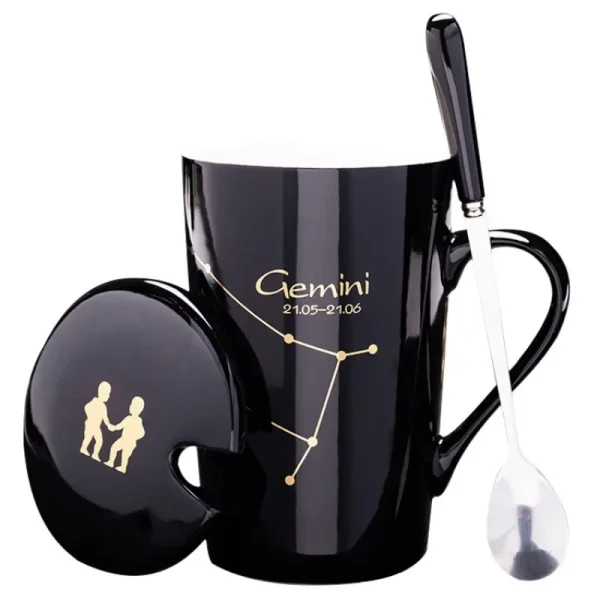 Twelve Zodiac Ceramic Mug with Lid Spoon, 450ML Gift Box Tea Cup Set Breakfast Milk Coffee Mug, Couple Water Cups Birthday Gift 6