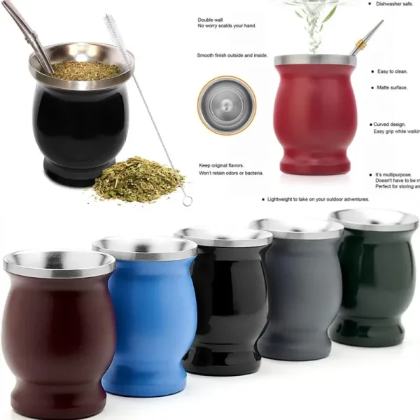 230ML 304 Stainless Steel Mate Cup Double Wall 8oz Portable Tea Mug Mate Gourd with Bombillas and Cleaning Brush 4