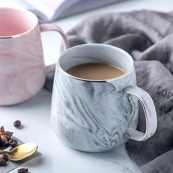 400ml Vintage Ceramic Coffee Cup Nordic Style Gold Rim Breakfast Oatmeal Milk Mug Marble Pattern Creative Teacup Couple Drinking 3