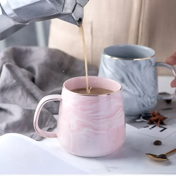 400ml Vintage Ceramic Coffee Cup Nordic Style Gold Rim Breakfast Oatmeal Milk Mug Marble Pattern Creative Teacup Couple Drinking 6
