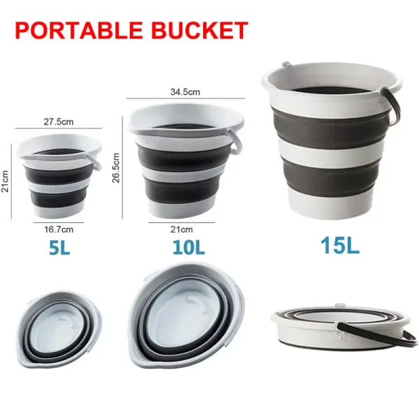 Collapsible Bucket 5L-15L Stripe Pattern Storage Bin w/ Handle, Space-Saving Foldable Container for Camping Fishing  & Car Wash 1