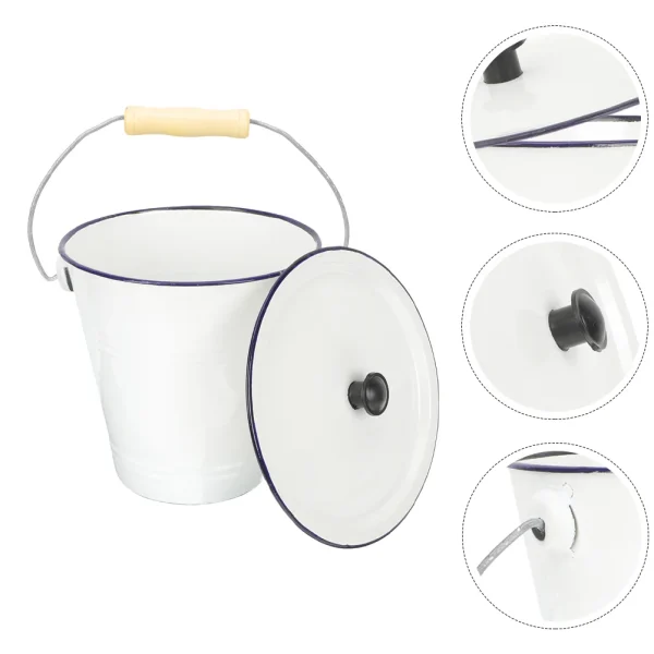 Portable White Enamel Bucket With Lid Metal Pail Milk Can Laundry Room Storage Ice Container Buckets Sturdy Enamel AntiRust 2
