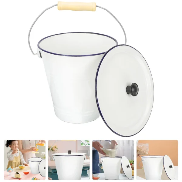 Portable White Enamel Bucket With Lid Metal Pail Milk Can Laundry Room Storage Ice Container Buckets Sturdy Enamel AntiRust 3