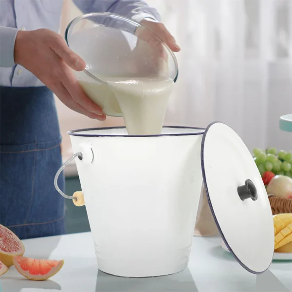 Portable White Enamel Bucket With Lid Metal Pail Milk Can Laundry Room Storage Ice Container Buckets Sturdy Enamel AntiRust 4