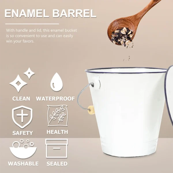 Portable White Enamel Bucket With Lid Metal Pail Milk Can Laundry Room Storage Ice Container Buckets Sturdy Enamel AntiRust 6