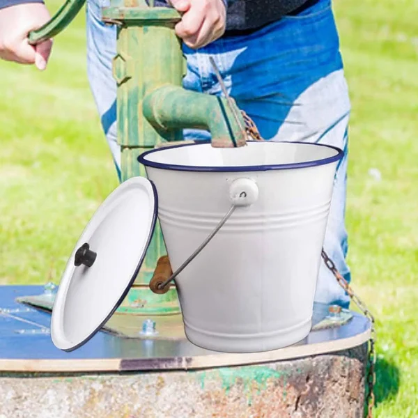 9L Enamel Milk Bucket Ice Bucket with Lid and Handle Rice Container Liquid Container Storage Can for Farm Garden Yard 1