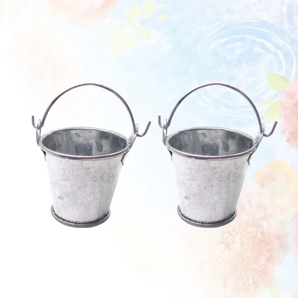 2 Pcs Mini Galvanized Buckets Tin Bucket Bucket Model Mini Garden Miniature Metal Buckets Child 3