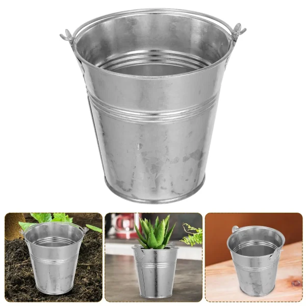Mini Iron Bucket 18cm Mouth 13cm Bottom 16 5cm Height Silver Steel Tub Plant Storage Flower Metal Pail Bucket Home Utility 4