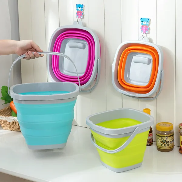 Silicone Folding Bucket Fishing Square Bucket Car Wash Outdoor Gardeen Supplies Bathroom Kitchen Camp Round Bucket 3L/5L/10L 4