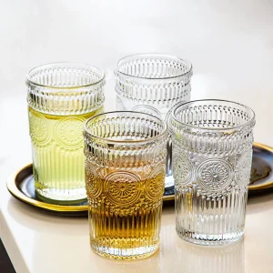 12oz 4pcs Sets Glass Cups Embossed Design Coffee Cup Heat Resistant Retro Transparent Tea Cup Set Glasses Household Drinkware 1