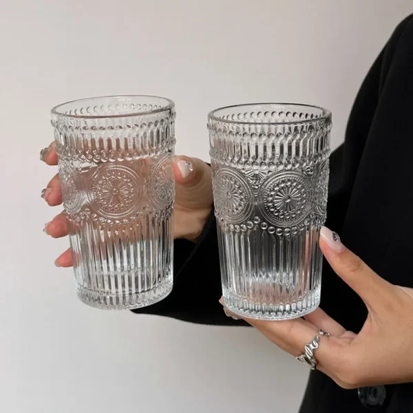 12oz 4pcs Sets Glass Cups Embossed Design Coffee Cup Heat Resistant Retro Transparent Tea Cup Set Glasses Household Drinkware 2