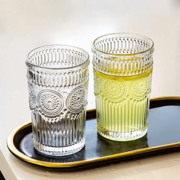 12oz 4pcs Sets Glass Cups Embossed Design Coffee Cup Heat Resistant Retro Transparent Tea Cup Set Glasses Household Drinkware 3