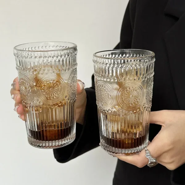 12oz 4pcs Sets Glass Cups Embossed Design Coffee Cup Heat Resistant Retro Transparent Tea Cup Set Glasses Household Drinkware 4