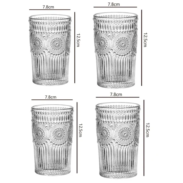 12oz 4pcs Sets Glass Cups Embossed Design Coffee Cup Heat Resistant Retro Transparent Tea Cup Set Glasses Household Drinkware 6