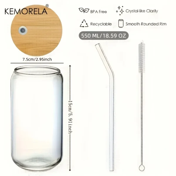 18.6OZ Glass Cup With Lid and Straw Transparent Bubble Tea Cup  Glass Beer Can Milk Mocha Cups1/2/4 Set Breakfast Mug Drinkware 6