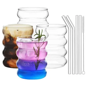 4pcs Creative Glass Cups Coffee Mug Clear Drinking Glasses Ribbed Glassware Cups With Straws Set Cocktail Fruit Glass Drinkware 1