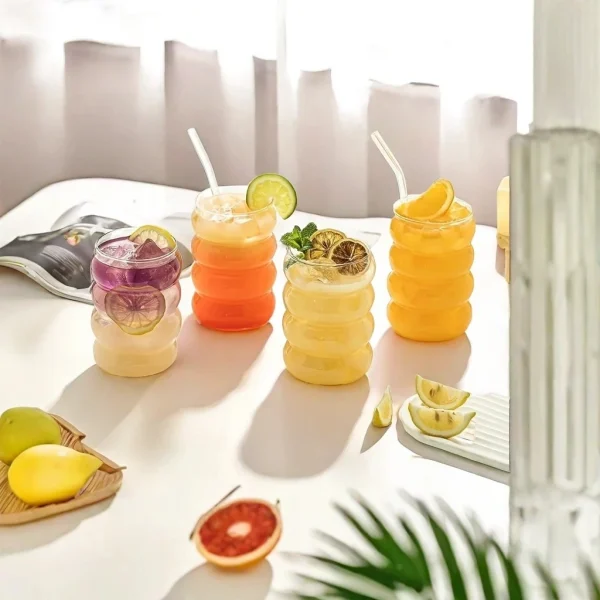 4pcs Creative Glass Cups Coffee Mug Clear Drinking Glasses Ribbed Glassware Cups With Straws Set Cocktail Fruit Glass Drinkware 2