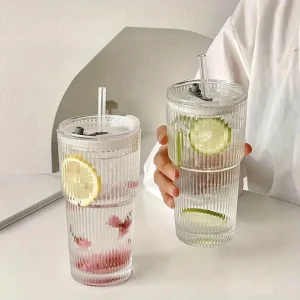 600ml Stripe Glass Cup with Lid and Straw Transparent Drinking Glasses for Juice Water and Iced Coffee Cups Mug Drinkware 1