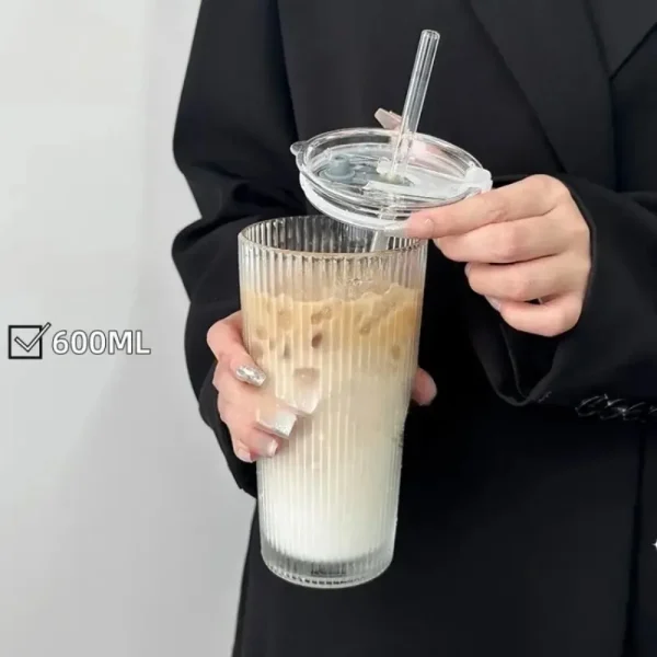600ml Stripe Glass Cup with Lid and Straw Transparent Drinking Glasses for Juice Water and Iced Coffee Cups Mug Drinkware 2