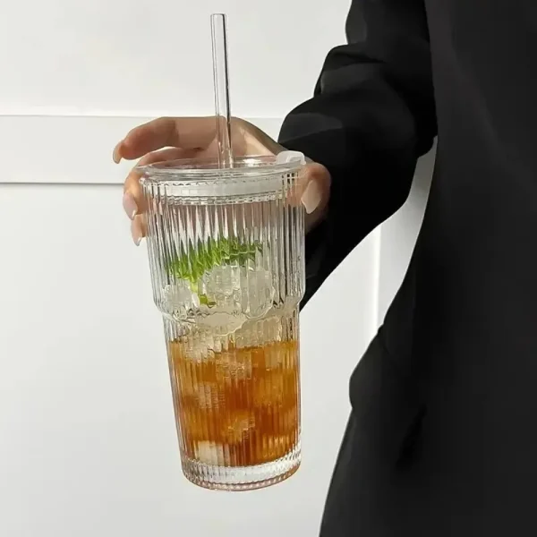 600ml Stripe Glass Cup with Lid and Straw Transparent Drinking Glasses for Juice Water and Iced Coffee Cups Mug Drinkware 6