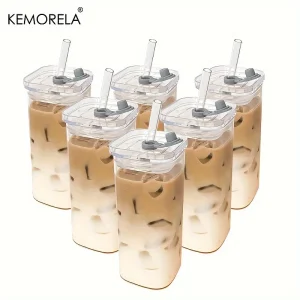 1/2/4/6Pc Square Heat Resistant Coffee Glass Cup With Lid and Straw Transparent Milk Tea Juice Coffee Mug For Home Bar Drinkware 1