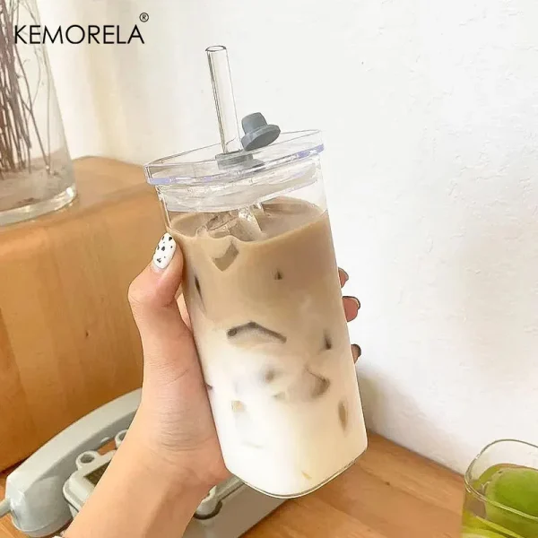 1/2/4/6Pc Square Heat Resistant Coffee Glass Cup With Lid and Straw Transparent Milk Tea Juice Coffee Mug For Home Bar Drinkware 2