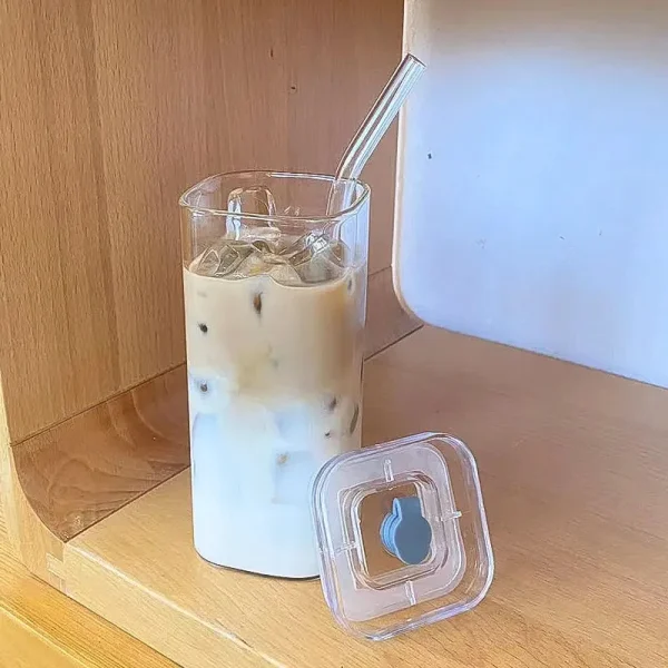 1/2/4/6Pc Square Heat Resistant Coffee Glass Cup With Lid and Straw Transparent Milk Tea Juice Coffee Mug For Home Bar Drinkware 4