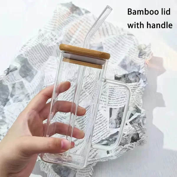1/2/4/6Pc Square Heat Resistant Coffee Glass Cup With Lid and Straw Transparent Milk Tea Juice Coffee Mug For Home Bar Drinkware 5