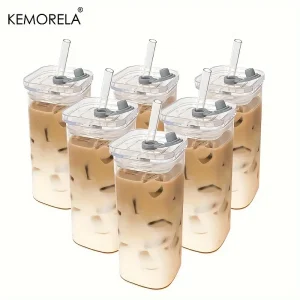 1/2/4/6Pc Square Heat Resistant Coffee Glass Cup With Lid and Straw Transparent Milk Tea Juice Coffee Mug For Home Bar Drinkware 1