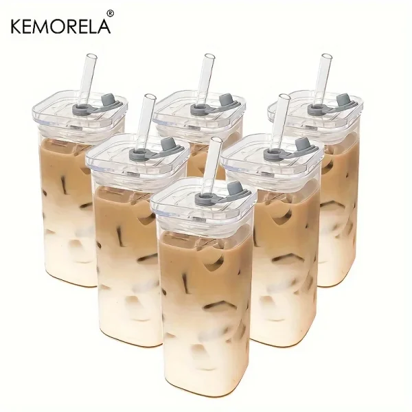 1/2/4/6Pc Square Heat Resistant Coffee Glass Cup With Lid and Straw Transparent Milk Tea Juice Coffee Mug For Home Bar Drinkware 1