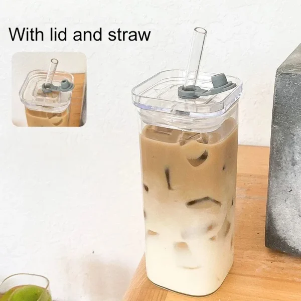1/2/4/6Pc Square Heat Resistant Coffee Glass Cup With Lid and Straw Transparent Milk Tea Juice Coffee Mug For Home Bar Drinkware 2